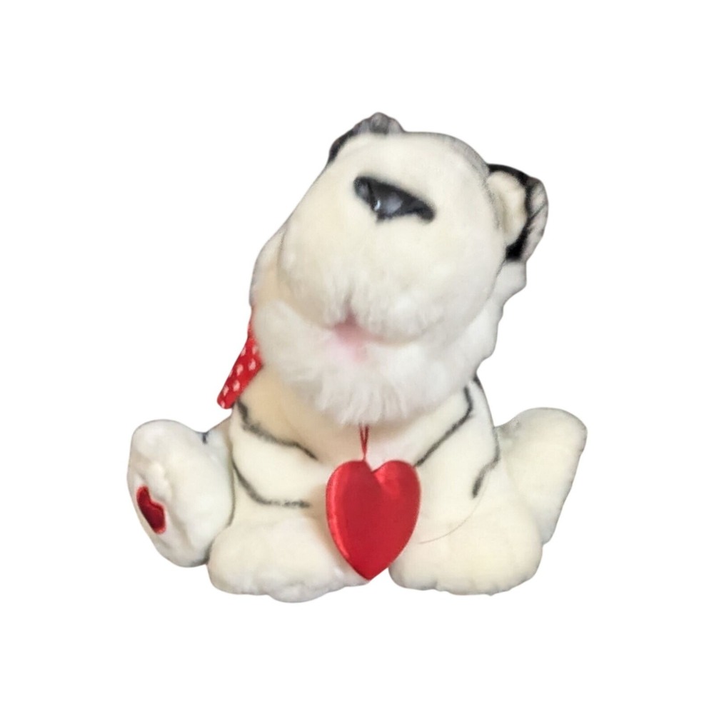 Hallmark White Striped Tiger Plush Stuffed Animal Toy Red Heart Bow 7 Inch